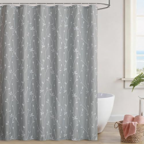 Embroidered Leaf Farmhouse Shower Curtain,Faux Linen,72Wx72L,Grey