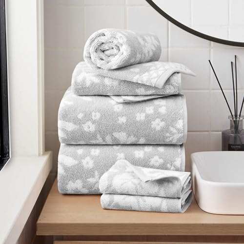 Lucky Brand Folk Floral 6 Piece Bath Towel Set - (2) Bath Towels, (2) Hand Towels, and (2) Washcloths - Glacier Grey Premium Bathroom Towel Set