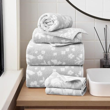 Lucky Brand Folk Floral 6 Piece Bath Towel Set - (2) Bath Towels, (2) Hand Towels, and (2) Washcloths - Glacier Grey Premium Bathroom Towel Set