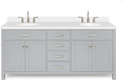 ARIEL Bristol 72-inch Bathroom Vanity with Sink,Solid Wood, 1.5-inch Pure White Quartz Countertop & Backsplash, Double Oval Porcelain Sink, 4 Soft Closing Doors, 4 Dovetail Drawers, Grey