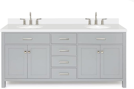 ARIEL Bristol 72-inch Bathroom Vanity with Sink,Solid Wood, 1.5-inch Pure White Quartz Countertop & Backsplash, Double Oval Porcelain Sink, 4 Soft Closing Doors, 4 Dovetail Drawers, Grey