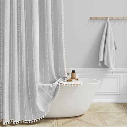 BTTN 60x72 Boho Farmhouse Linen Heavy Duty Shower Curtain Set, Grey/Gray
