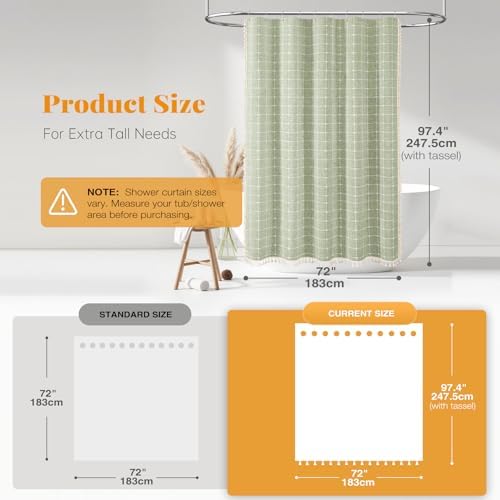 BTTN Extra Long Boho Farmhouse Linen Shower Curtain Set, 72x96, Sage Green