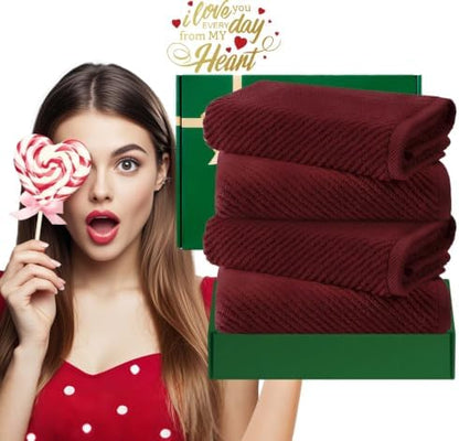 VOOVA & MOVAS Hand Towels 4PC, 100% Cotton, 18x28 in, Burgundy Red
