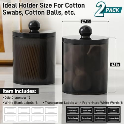2 Pack Acrylic Qtip Holder Dispenser for Cotton Swabs, Balls, Floss Picks