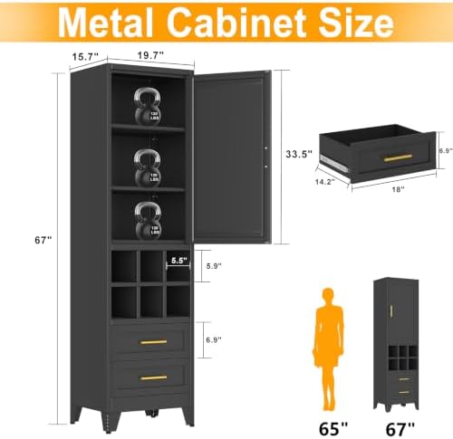 Ckzbx Tall Narrow Storage Cabinet, 66.93" H Tall Bathroom Cabinet Metal Pantry Cabinets with Hollowed-Out, 3 Adjustable Shelves, for Kitchen, Bathroom, Home Office, Living Room (Black)