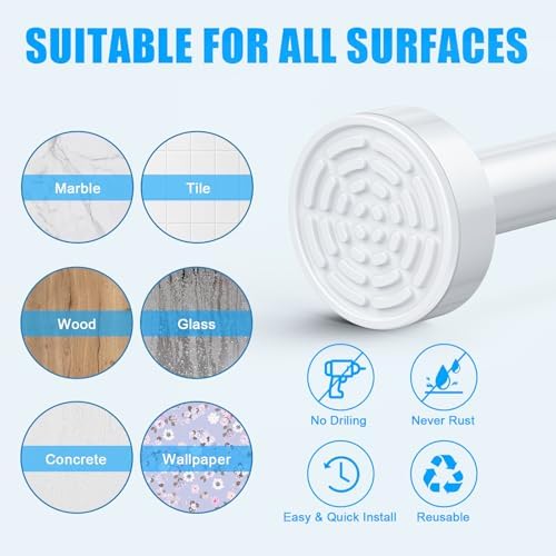 TEECK Shower Curtain Rod, 32-80 inch Adjustable Spring Tension Curtain Rod, Never Rust Anti-Slip Shower Curtain Rod for Bathroom, No Drilling, Never Collapse, Easy to Use, White