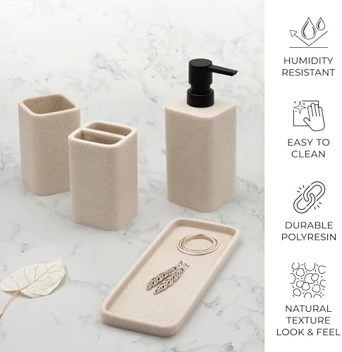 ZCCZ Bathroom Accessory Sets, 4 Pieces Bathroom Accessories Complete Set Vanity Countertop Accessory Set Marble Look, Includes Lotion Dispenser Soap Pump, Tumbler, Toothbrush Holder and Tray (Beige)