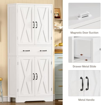 WEENFON Tall Storage Cabinet with 2 Adjustable Shelves & 1 Large Drawer, Kitchen Pantry Cabinet with 4 Doors, Bathroom Storage Cabinets, for Living Room, Kitchen, Bathroom, White