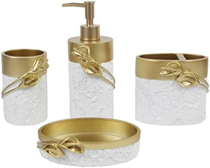 Hymmah Bathroom Accessories Set,Golden Design Toothbrush Holder,Farmhouse Bathroom Decor,4 Pcs Resin Gift Set Apartment Necessities, Contain Toothbrush Cup,Soap Dispenser,Soap Dish,Tumbler