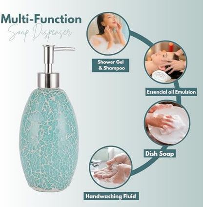 Escenzy Turquoise Bathroom Accessories Set 4 Pcs | Handcrafted Mosaic Glass Soap Dispenser, Toothbrush Holder, Cotton Swab Jar, Vanity Tray | Luxury Coastal Boho Bathroom Decor