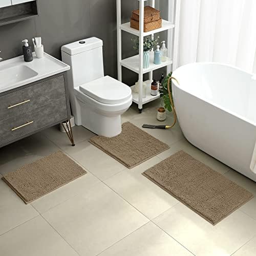 HOMEIDEAS Taupe Chenille Bathroom Rugs Set of 3, Non Slip Bath Mat