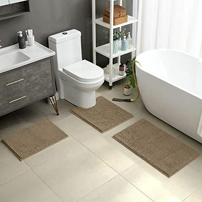 HOMEIDEAS Taupe Chenille Bathroom Rugs Set of 3, Non Slip Bath Mat