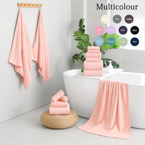 Ycosy 18 Piece Bath Towels Set,100% Microfiber Family Bathroom Towel with Hanging Loops-6 Bath Towels,6 Hand Towels,6 Washcloths,Quick Dry Highly Absorbent Shower Towel for Bathroom,Hotel,Spa-Pink