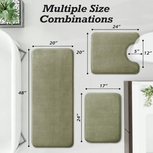 HUXMEYSON Bathroom Rugs Sets 3 Piece, Non-Slip & Quick Dry Bath Mat Set, Ultra Soft Velvet Bath Rugs for Bathroom, Toilet and Shower Floor, Olive Green