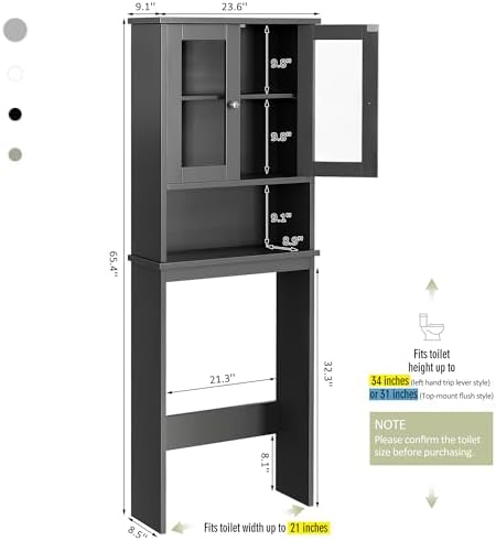 Over the Toilet Storage Cabinet for Bathroom, Storage Organizer Over Toilet, Bathroom Space Saver with Tempered Glass Doors, Gray