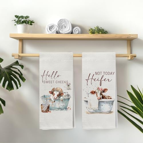 Hello Sweet Cheeks Cow Bathroom Hand Towels, Funny Farmhouse Animal Heifer Bathing Decorative Hand Towels for Bathroom Washroom Toilet Restroom, 16x24 Inch Set of 2