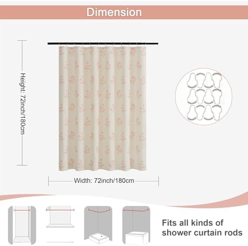 ORTIGIA Linen Shower Curtain Farmhouse Vintage Pink Floral Shower Curtains Boho Rustic Block Print Cottagecore Decor for Bathroom 72 W x 72 L