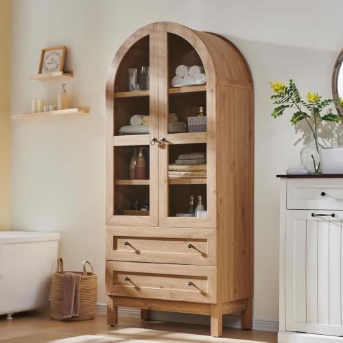 71" Tall Arched Bathroom Storage Cabinet, 4-Tier Wooden Bathroom, Natrual