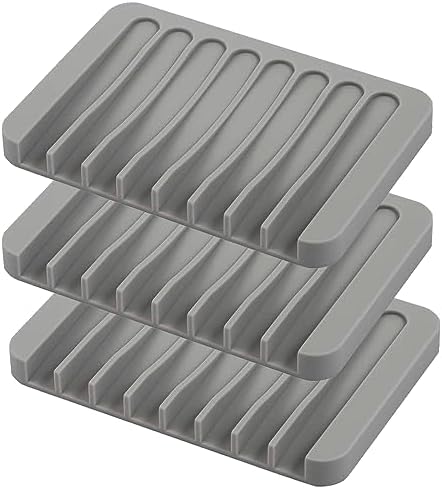 Self Draining Soap Dishes, 3 Pcs Silicone Soap Saver, Waterfall Drainer Soap Holder for Bathroom, Extend Soap Life, Keep Soap Bars Dry Clean & Easy Cleaning (Gray)