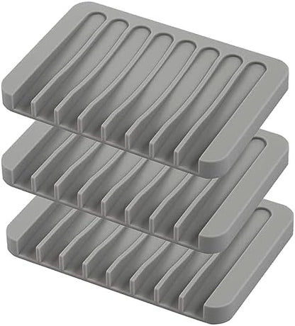 Self Draining Soap Dishes, 3 Pcs Silicone Soap Saver, Waterfall Drainer Soap Holder for Bathroom, Extend Soap Life, Keep Soap Bars Dry Clean & Easy Cleaning (Gray)