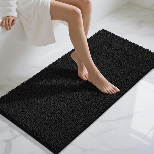 Yimobra Long Bathroom Rugs 47"x24", Extra Soft Non Slip Bath Mat for Tub, Super Absorbent Quick Dry Shaggy Rug Floor Carpet, Machine Washable,Black