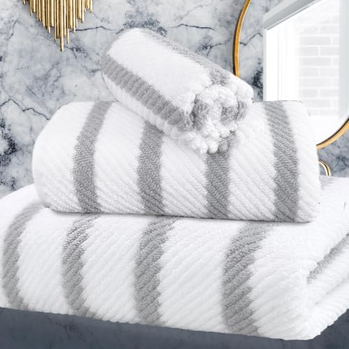 VOOVA & MOVAS 3PC Towel Set, 100% Cotton, Gray White Dark Tan