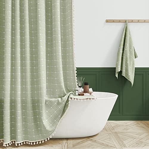 BTTN 72x80 Boho Farmhouse Linen Heavy Duty Shower Curtain Set, Sage Green