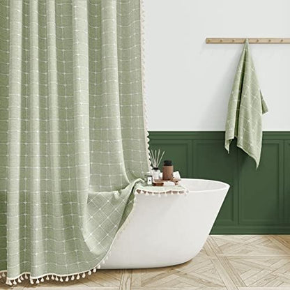 BTTN 72x80 Boho Farmhouse Linen Heavy Duty Shower Curtain Set, Sage Green