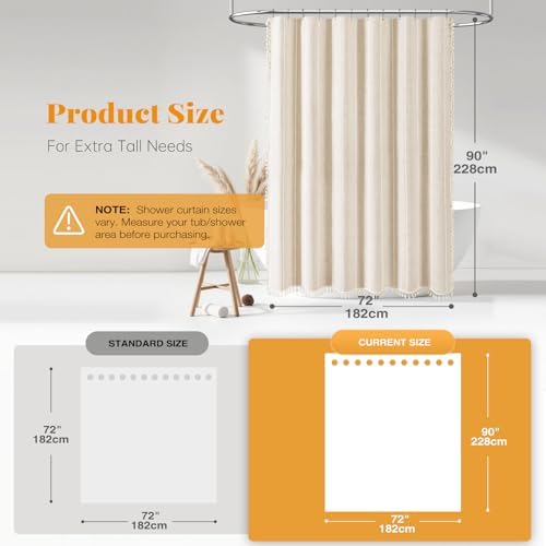 BTTN 72 x 90 Boho Linen Heavy Duty Cloth Shower Curtain Set, Cream/Beige