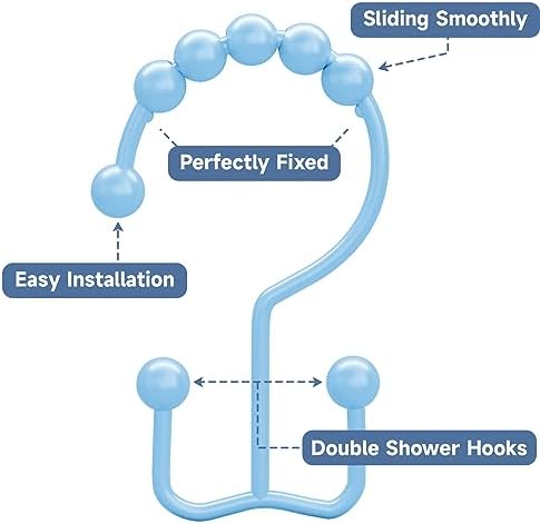 Titanker Shower Curtain Hooks, Rust Resistant Shower Curtain Rings for Bathroom, Metal Double Glide Shower Hooks Hangers for Bathroom Shower Rods Curtains, Set of 12 Hooks - Blue