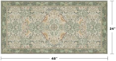 Washable Sage Green Floral Rugs for Entryway - Small 2x4 Runner Rug for Kitchen Bathroom Door Mat Indoor Entrance with Bird & Botanical Pattern, Light Green and Beige, Non Slip Low Pile