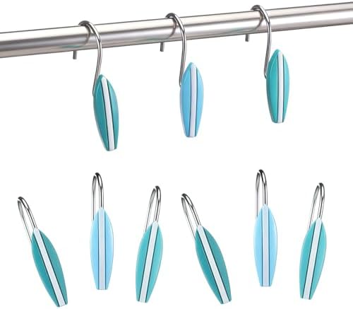 Amyhill 12 Pcs Surfboard Shower Curtain Hooks Decorative Shower Curtain Rings Stainless Steel Resin Sea Theme Bathroom Decor Suitable for Home Bedroom