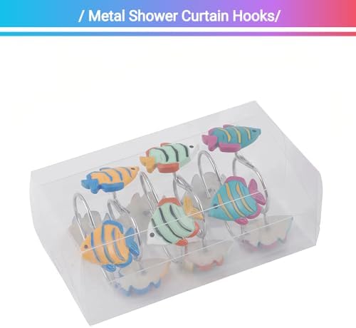 12Pcs Tropical Fish Shower Curtain Hooks Decorative for Curtain Rods, Cute Animals Shower Curtain Rings, Silver Stainless Steel Metal Shower Curtain Hanger Hooks, Kids Ocean Bathroom Decor Accessories