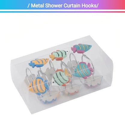 12Pcs Tropical Fish Shower Curtain Hooks Decorative for Curtain Rods, Cute Animals Shower Curtain Rings, Silver Stainless Steel Metal Shower Curtain Hanger Hooks, Kids Ocean Bathroom Decor Accessories