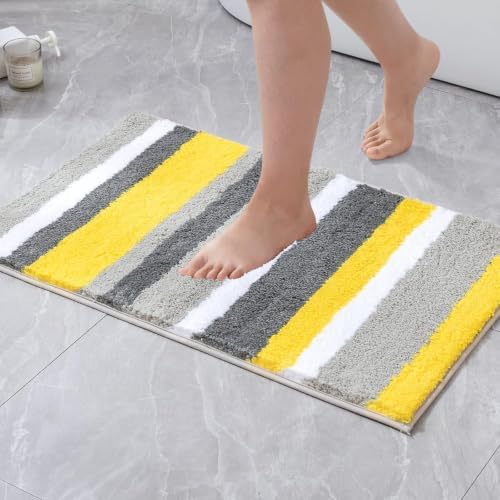 MIULEE Yellow Grey Bathroom Rug 20x30 Inch, Soft Thick Microfiber Striped Bath Mat, Non Slip Fluffy Plush Machine Washable Quick Dry for Bathroom Decor, Floor Tub and Shower