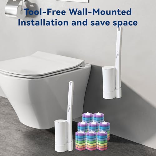 2-Pack Disposable Toilet Brush with 56 Refills, Toilet Cleaning System Starter Kit,Wall-Mounted Space-Saving Brush Set for Deep Bathroom, RV, and Home Cleaning