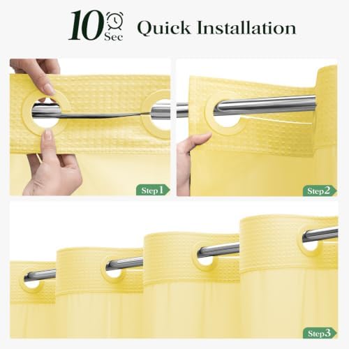 Dynamene Yellow Hook Free Waffle Shower Curtain & Snap Fabric Liner,72x81