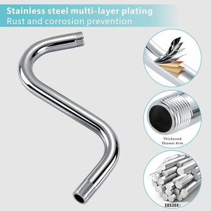 Shower Head Extension Arm with Flange, S Shaped High Rise Gooseneck Showerhead Riser Pipe, Universal Standard 1/2" Connection - Bathroom Accessory (10 Inch, Chrome)
