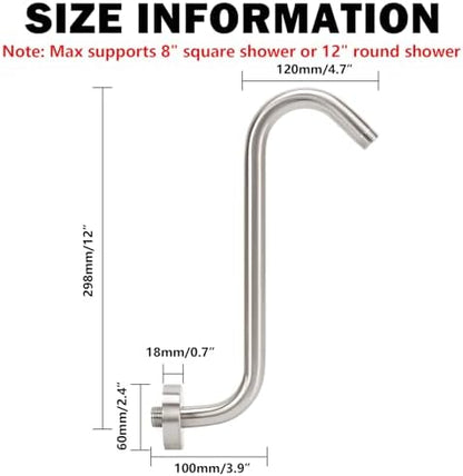 NearMoon S Shaped Shower Head Riser Arm, Shower Extender Arm with Flange, Standard 1/2" Connection- Bathroom Accessory (12 Inch, Brushed Nickel)