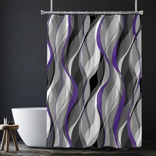 Purple and Grey Shower Curtain for Bathroom Purple and Black Shower Curtain Fabric Modern Abstract Striped Minimalist Bath Curtains Waterproof Shower Curtains Set, Black Gray Purple, 72 x 72 Inch