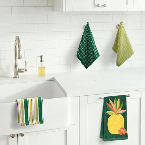 Ritz 4-Piece Kitchen Towel Set, Pineapple Hibiscus & Multi-Stripe Prints with Dark Pine & Lime Green Textured Terry, 100% Cotton & Absorbent Blend, 16" x 26", Tropical Island Kitchen Decor