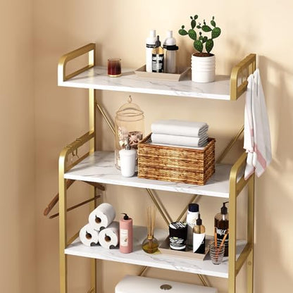 Over The Toilet Storage Rack with 3-Tier Shelves, Space Saver Toilet Shelf, Laundry Organizer with Hooks for Over Toilet Storage and Space Saver (White & Gold)