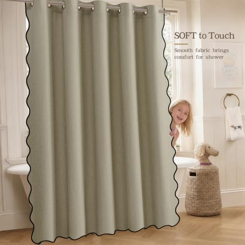 Furlinic No Hook Shower Curtain Scalloped Taupe Linen Fabric Stall 48x75