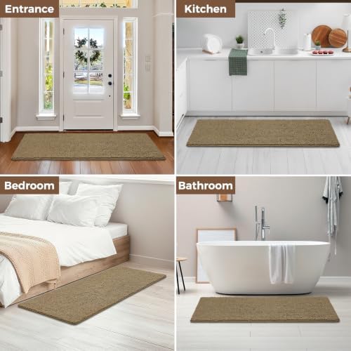 Bcoimo Bath Rug Mat,60x24 Chenille Non Slip Tan Long Bathroom Runner Rugs