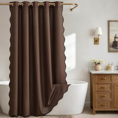 Furlinic Scalloped Shower Curtain No Hook Linen Brown 72x96 Long Waterproof