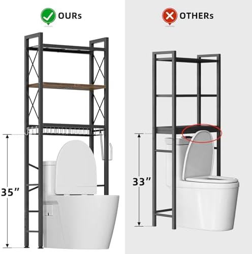 Kalrin Over The Toilet Storage with X Shape Side Guardrail, 3-Tier Over Toilet Storage Rack with Drain Basket, Freestanding Bathroom Organizer for Balcony Laundry, Vintage Brown
