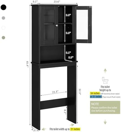 Over The Toilet Storage Cabinet for Bathroom, Storage Organizer Over Toilet with Glass Doors, Space Saver for Living Room, Black