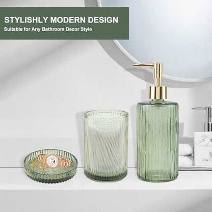 Green Glass Bathroom Accessories Set,Soap Dispenser,Toothbrush Holder,Tray