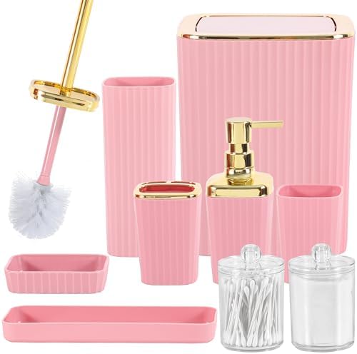 9 PCS Pink Bathroom Accessories Set with Trash Can Bathroom Accessory